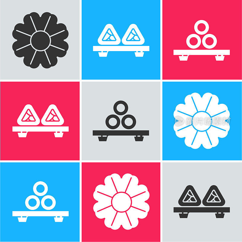 Set Flower, Sushi on cutting board and Sushi on cutting board icon. Vector
